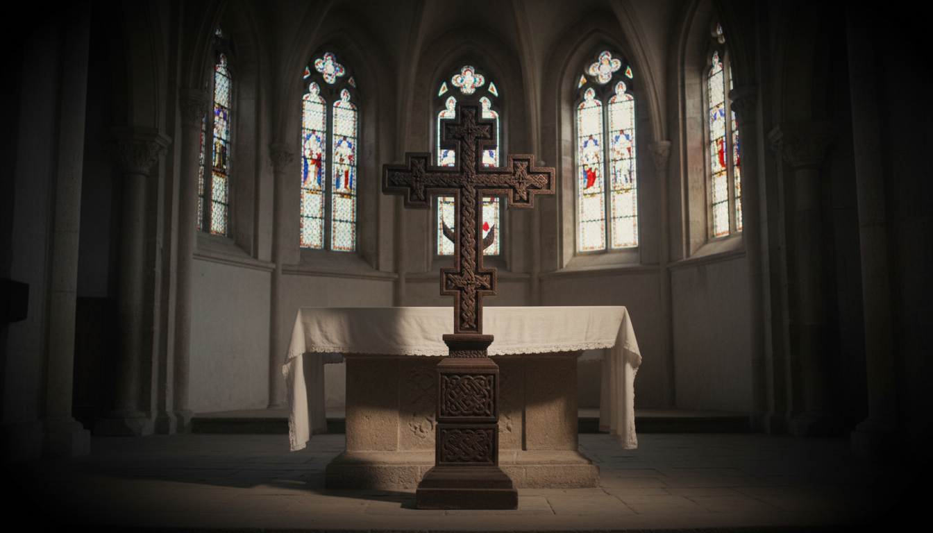 A large, hand-carved wooden processional cross with intricate Ethiopian geometric patterns, its dark polished surface gleaming softly. The cross stands upright on a linen-draped stone altar set within an expansive, high-ceilinged church interior. Subtle shafts of diffused daylight filter through stained glass windows in the background, casting muted colored shapes onto the floor. The composition is centered at eye level, with gentle shadows and a slight vignette focusing attention on the cross. The overall mood is contemplative and reverent, utilizing a minimalist photographic style with elegant, understated colors.